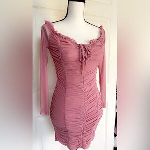 Off Shoulder Lace Up Front Ruched Mesh Pink Mini Dress from SHEIN